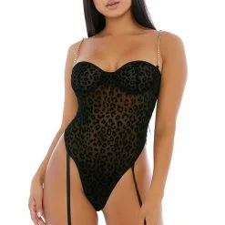 Body Porte-jarretelles En Résille Léopard Et Bijou Dorés