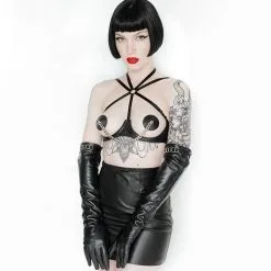 E.L.F. Zhou London Gants Longs En Cuir Italien Et Bijoux Plaqués Or - Midnight -Lingerie Soldes Boutique gants longs cuir midnight 1