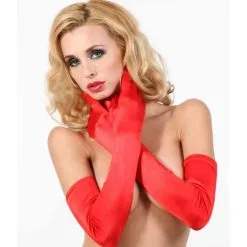 Gants Longs En Lycra Satiné - Rouges