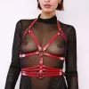 The Sinners Harnais De Buste En Cuir Avec Ceinture - Rouge -Lingerie Soldes Boutique harnais bandes rouge