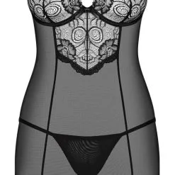 Nuisette Moulante En Résille Et Dentelle -Lingerie Soldes Boutique nuisette resille dentelle noire ourlet encolure 3