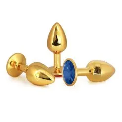 Plug Anal En Aluminium Doré Avec Cristal Bleu - Taille M -Lingerie Soldes Boutique plug aluminium dore cristal bleu medium 1 1