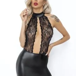 Noir Handmade Robe Courte En Wetlook Avec Décolleté Drapé En Dentelle