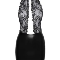 Noir Handmade Robe Courte En Wetlook Avec Décolleté Drapé En Dentelle -Lingerie Soldes Boutique robe courte dentelle wetlook decollete ouvert f279 3