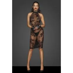 Noir Handmade Robe En Résille Transparent Motif Fleuri Et Dos En Lanières -Lingerie Soldes Boutique robe courte resille motif fleuri dos lace 2