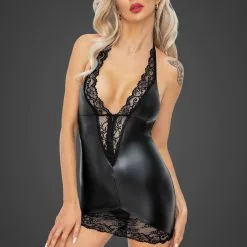Noir Handmade Robe Fine En Wetlook Bordée De Dentelle