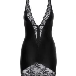 Noir Handmade Robe Fine En Wetlook Bordée De Dentelle -Lingerie Soldes Boutique robe courte wetlook bordee dentelle fine 3 scaled