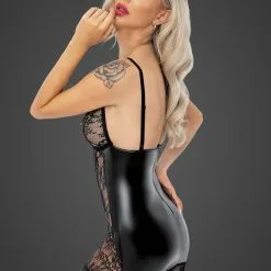 Noir Handmade Robe Courte En Dentelle Transparente Et Wetlook Mat -Lingerie Soldes Boutique robe dentelle empiecement wetlook 2