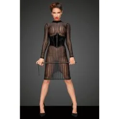 Noir Handmade Robe Longue En Résille Transparente à Rayures 9 Noir Handmade Robe Longue En Résille Transparente à Rayures -Lingerie Soldes Boutique robe longue rayures manches longues 3