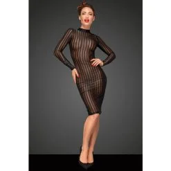 Noir Handmade Robe Longue En Résille Transparente à Rayures