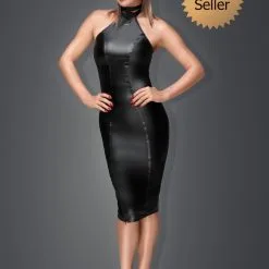 Noir Handmade Robe Longue En Wetlook Avec Col Choker -Lingerie Soldes Boutique robe longue wetlook choker anneau 1