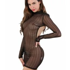 Robe Dos Nu à Manches Longues En Résille Transparente -Lingerie Soldes Boutique robe manches longues dos nu resille transparente 3