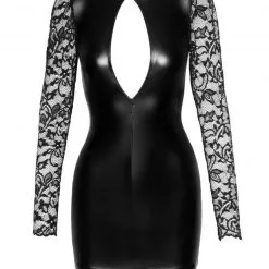 Noir Handmade Robe Courte En Wetlook Avec Manches En Dentelle -Lingerie Soldes Boutique robe wetlook manches dentelle 5