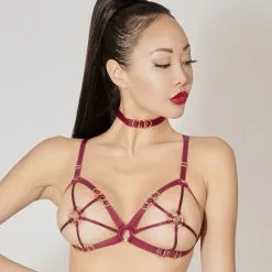 E.L.F. Zhou London Soutien-gorge Harnais Avec Attaches Or - Cage O-ring Bra Bordeaux